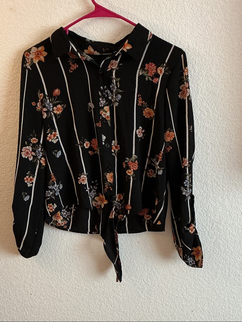 Black Floral Tie-Front Button-Up Blouse